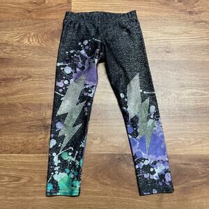 Terez Girls Lightning Bolt Yoga Pant Leggings Size Medium 4-5 Black Purple Green